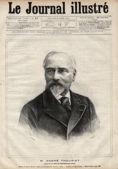 Retrato de André Theuriet (1833-1907), novelista, poeta y académico francés - Grabado por Navellier en “Le journal illustrious” de 1891 de Edouard Felicien Eugene Navellier
