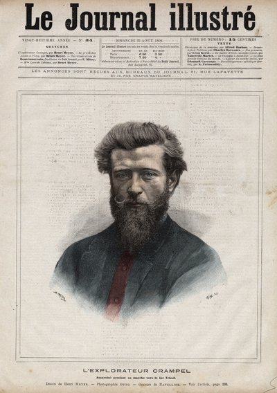 Retrato de Paul Crampel (1864-1891), explorador francés de África Central - Grabado por Navellier en “El Diario Ilustre” de 1891 de Edouard Felicien Eugene Navellier