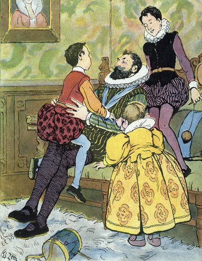 Rey de Francia Enrique IV jugando con sus hijos (1553-1610) Ilustración de Edouard Zier en "Nos-Gloriers-Nationales" 1920 Collection privee de Edouard Francois Zier