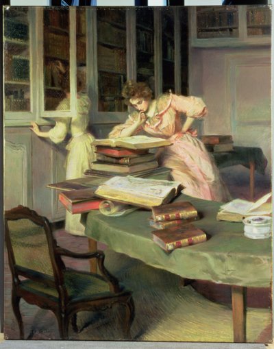 Mujeres elegantes en una biblioteca de Edouard Gelhay