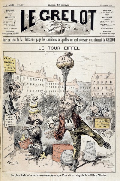 Caricatura sobre escándalos financieros “La Torre Eiffel: el bastonista más hábil - retractador visto desde el famoso Vivier”. Portada “Le Grelot” del 22 de enero de Edouard Guillaumin Pepin