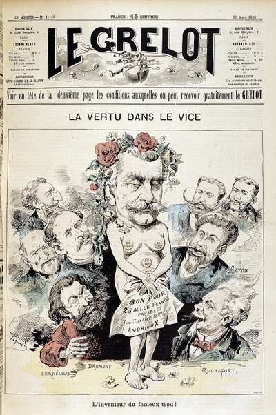Caricatura sobre el escándalo de Panamá: "Virtud en el vicio: ¡el inventor del famoso agujero!" - Portada de "Le Grelot" del 26 de marzo de Edouard Guillaumin Pepin