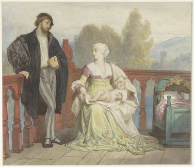 Francesca di Rimini y Paolo di Polenta con un niño en un balcón de Edouard Hamman