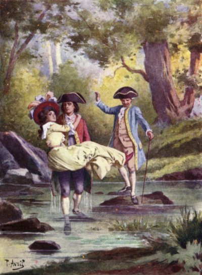 Tomé a Edmee en mis brazos y crucé el arroyo en silencio. Ilustración para Mauprat de George Sand de Edouard Henri Avril
