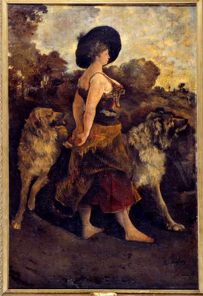 La Carola Una gitana con sus perros. Pintura de Edouard Jacques Dufeu (1840-1900) 1878 de Edouard Jacques Dufeu