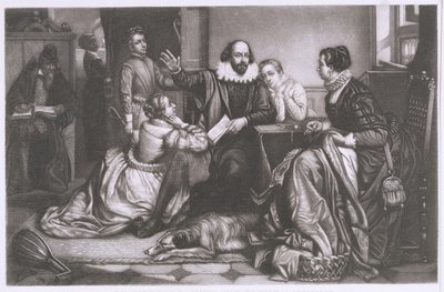 Shakespeare con su familia, en Stratford, recitando la tragedia Hamlet de Edouard Jean Conrad Hamman