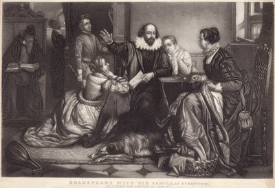 Shakespeare con su familia en Stratford on Avon, recitando la tragedia de Hamlet de Edouard Jean Conrad Hamman