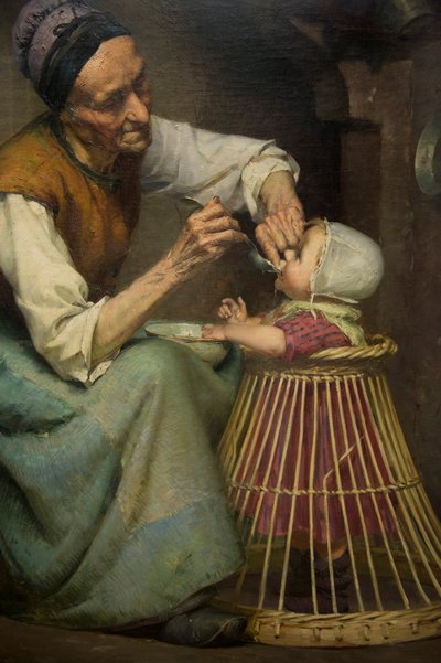 Una anciana alimenta a su nieta sostenida en un andador de mimbre, por Edouard Jerome Paupion de Edouard Jerome Paupion