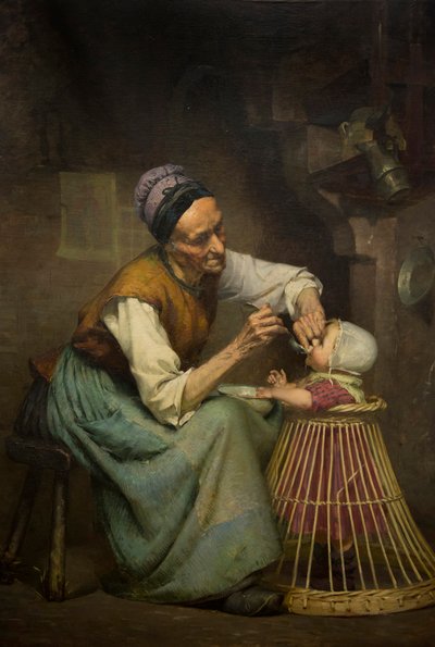 Una anciana alimenta a su nieta sostenida en un andador de mimbre, por Edouard Jerome Paupion de Edouard Jerome Paupion