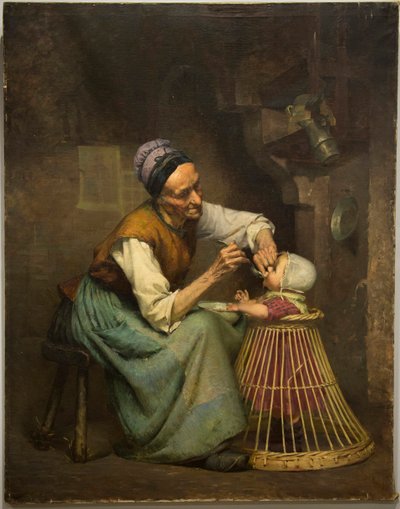 Una anciana alimenta a su nieta sostenida en un andador de mimbre, por Edouard Jerome Paupion de Edouard Jerome Paupion