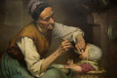 Una anciana alimenta a su nieta sostenida en un andador de mimbre, por Edouard Jerome Paupion de Edouard Jerome Paupion