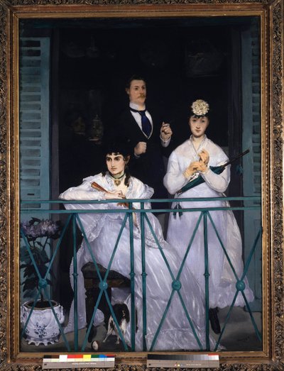 Balcón. Dos jóvenes mujeres con un abanico y una sombrilla y un hombre con corbata. Retrato de Berthe Morisot (1841-1895), pintora francesa, Fanny Claus (1846-1877), violinista, Antoine Guillemet (1841-1918) paisajista y al fondo Leon Leenhoff. Pintura de  de Édouard Manet