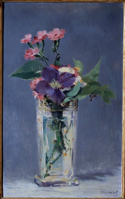 Claveles y clemátides en un jarrón de cristal de Édouard Manet