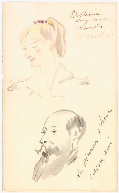 Cabeza de mujer y cabeza de hombre barbudo de Édouard Manet