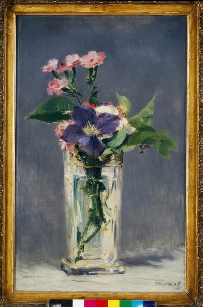 Claveles y clemátide en un jarrón de cristal de Édouard Manet