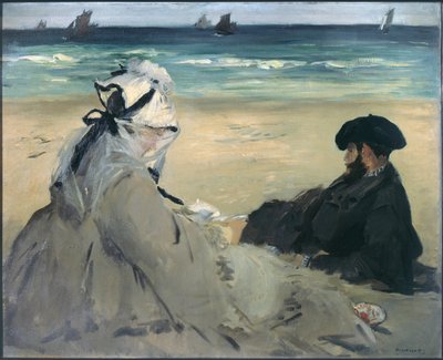En la playa. Retrato de Madame Edouard Manet (1830-1906) y Eugene Manet (1833-1892), la esposa y el hermano del artista en Berck-sur-Mer (Berck sur mer) de Édouard Manet