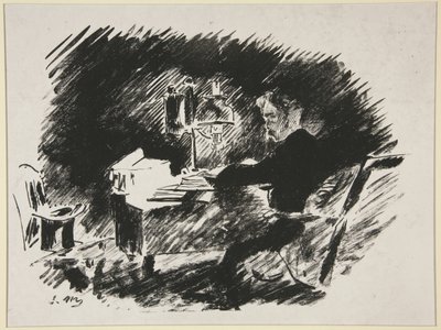 Bajo la lámpara, primera ilustración de la traducción de Mallarmé de «El cuervo» de Poe de Édouard Manet