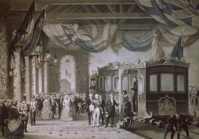 La Reina Victoria y el Príncipe Alberto llegando a la estación de Gosport, Hampshire, grabado por Bayot & Cuvilier, 1846 de Edouard Pingret