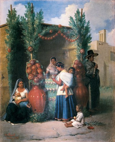 Escena cerca de un bar en una calle de México: una mujer está amamantando a su hijo, otra toma un trago y lleva a su hijo a la espalda, un niño juega en el suelo. Pintura de Edouard Pingret (1788-1875), mediados del siglo XIX. Ciudad de México. Banco Nacio de Edouard Pingret