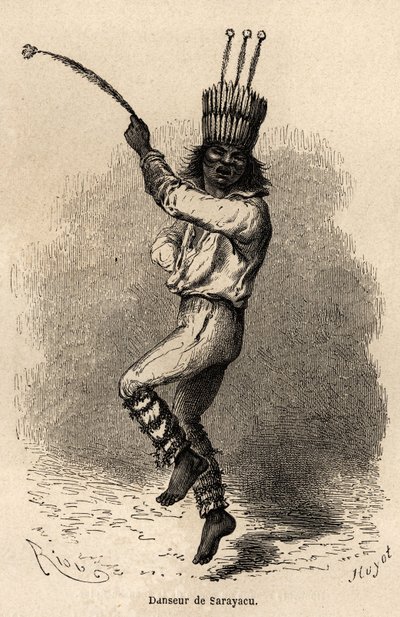 Una bailarina en Sarayacu (Perú), dibujo de Riou, para ilustrar el viaje de Paul Marcoy del Océano Pacífico al Océano Atlántico de 1848 a 1860. Grabado en "Le tour du monde", editado por Edouard Charton de Edouard Riou