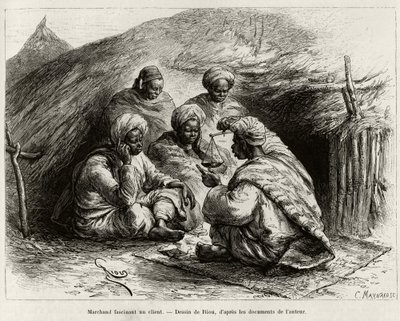 Un comerciante fascinando a un cliente, sentado en el suelo, en una pequeña estera, hace el artículo sosteniendo una balanza. Grabado de Riou, para ilustrar la historia Desde el Níger hasta el Golfo de Guinea, por el Capitán Louis Gustave Binger (1856-1936 de Edouard Riou
