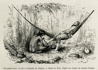Una joven mujer Roucouyan extrae las espinas que han herido los pies del explorador durante la noche. Grabado de Riou, para ilustrar la historia de Cayena a los Andes, por Jules Crevaux, médico de la marina francesa, en 1878-1879, publicado en el Tour du m de Edouard Riou
