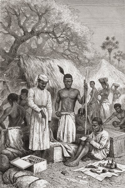 Abdullah Souzi, Jacob Wainright y James Chouma, los tres sirvientes del Dr. David Livingstone, inventariando sus pertenencias tras su muerte en 1873, ilustración de "El Mundo en las Manos", grabado por Charles Barbant de Edouard Riou
