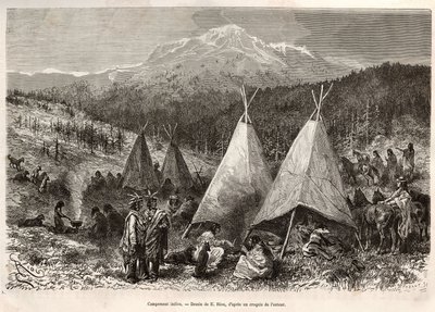 Un campamento indio, en el territorio de Utah, a orillas del río Verde. Grabado según el dibujo de E.Riou, para ilustrar la historia La conquista blanca, por William Hepworth Dixon, en 1875, publicado en 
