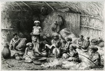 Una tarde en la favorita del jeque de los Gobrons, actividades de mujeres: bordado y hilado de lana, mimbre y cerámica. Grabado de Riou, para ilustrar la historia “Voyage chez les Benadir, les somalis et les Bayoun”, en 1882-1883, de Georges Revoil. de Edouard Riou