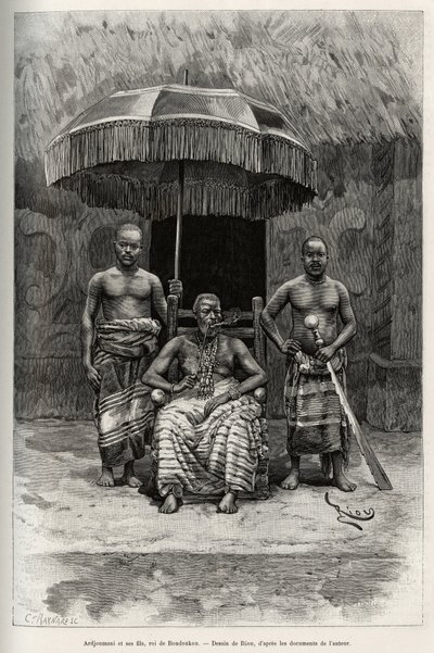 Ardjoumani (fallecido en 1892) y sus hijos, rey de Bondoukou (Costa de Marfil) (grabado) de Edouard Riou