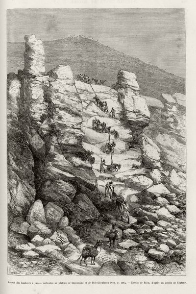 Aspecto de las alturas con paredes verticales en el plateau de Dasoulami y Bobodioulasou (Golfo de Guinea), descripción de las técnicas de enganche de las monturas del convoy de expedición. Grabado por Riou, para ilustrar la historia “Del Níger al Golfo de de Edouard Riou