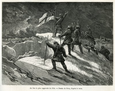 El Capitán George Strong Nares (1831-1915) plantó la bandera británica en el lugar más cercano al polo, ilustración de la historia de un viaje al mar polar en 1875-1876, por el Capitán G.S. Nares. Grabado en Le tour du monde de Edouard Riou