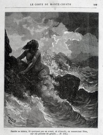 Dantès escapando a nado - Grabado por Riou, en “El Conde de Montecristo” de A. Dumas, ed. Jules Rouff & Cie de Edouard Riou
