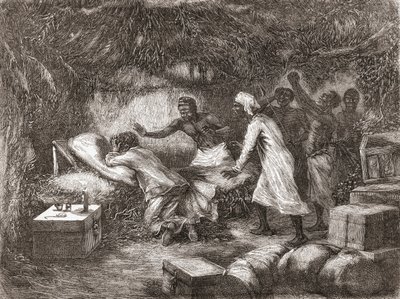 Muerte del Dr. Livingstone en el pueblo de Tchitammbo, África, en 1873, ilustración de "El Mundo en las Manos", publicada en 1878 de Edouard Riou