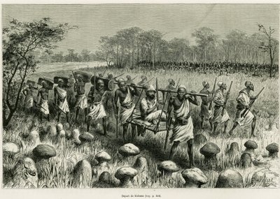 Partida de Kalassa, el narrador viajero en su silla con porteadores. Ilustración de la historia Les lacs de l