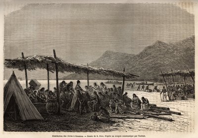 Distribución de alimentos en Keauhou, después del terremoto y la erupción volcánica de 1868, para las víctimas del desastre, grabado después del dibujo de E.Riou, ilustrando el viaje a las Islas Sandwich, en 1855-1869, por C. de Varigny, publicado en “Le t de Edouard Riou