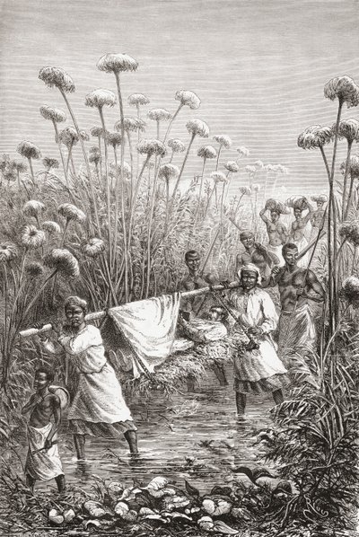 El Dr. David Livingstone siendo llevado los últimos kilómetros al pueblo de Tchitammbo, África, poco antes de su muerte, ilustración de "El mundo en las manos", grabado por Henri Theophile Hildibrand de Edouard Riou