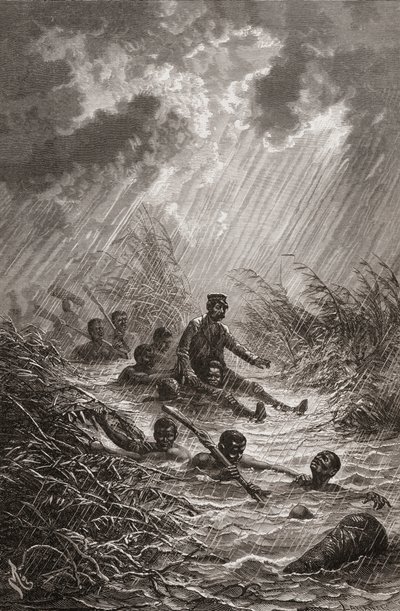 El Dr. David Livingstone siendo llevado a través de un pantano por porteadores durante su expedición a África en 1872, ilustración de "El mundo en las manos", grabado por Charles Laplante de Edouard Riou