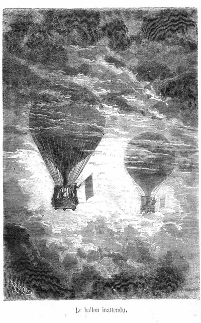 Dibujo del libro de Jules Verne "Cinco semanas en globo" colección Hetzel/Viajes Extraordinarios. El globo Victoria se encuentra con otro globo en las nubes de Edouard Riou