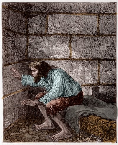 Edmond Dantes, alias el Conde de Montecristo en su prisión - Grabado por Riou, en “El Conde de Montecristo” por Alexandre Dumas de Edouard Riou