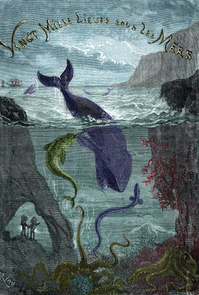 Grabado del libro de Julio Verne "Twenty thousand lieues sous les mers" (Veinte mil - 20.000 - 20000) de Edouard Riou