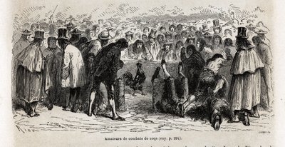 Luchadores en la cancha de gallos en Cuzco de Edouard Riou