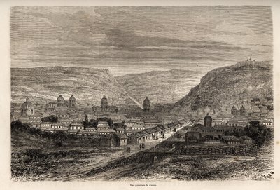 Vista general de Cusco o Cuzco, antigua capital de los Incas, dibujo de Riou, para ilustrar el viaje de Paul Marcoy por Sudamérica de 1848 a 1860. Grabado en "Le tour du monde", editado por Edouard Charton de Edouard Riou