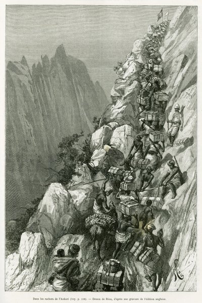 En las rocas de Ankori. Grabado por Riou, para ilustrar la historia En las sombras de África, investigación descubierta y retirada por Emin Pacha de Edouard Riou