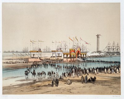 Inauguración del Canal de Suez en Port-Said (Port Said) - en “A través del istmo de Suez” por Riou, Marius Fontaine de Edouard Riou