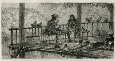 Escena interior en San Pablo, una familia resguardada de la lluvia, el padre fuma un cigarrillo, la madre amamanta a dos bebés y el niño juega con un pequeño animal, estirado en el suelo sobre una piel de animal, grabado por Riou, para ilustrar la historia de Edouard Riou