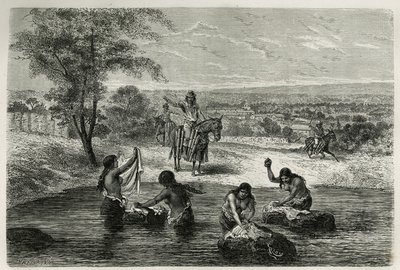 Los portadores de agua y las lavanderas de Cartago (Colombia), ilustración de la historia de América equinoccial por E. Andre, una misión encargada por el gobierno francés, publicado en Le tour du monde, bajo la dirección de Edouard Charton de Edouard Riou