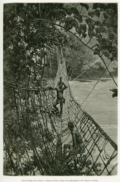 Puente de lianas sobre el Passa. Grabado por Riou, para ilustrar la historia Viajes en el oeste africano de Edouard Riou