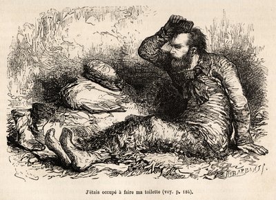 El teniente Tyson ocupado en su aseo matutino, un peine antes de ponerse las botas, grabado según un dibujo de E.Riou, ilustrando la historia del Polaris, balsa de hielo, por el teniente Tyson, en 1870-1873, publicado en 
