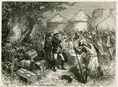 El teniente Valliere se defiende contra los habitantes de Sibi (o Siby), un pueblo mandingo del Alto Níger (actual Mali), cuyos habitantes estaban muy perturbados por la llegada del destacamento de exploración. Grabado de Riou, basado en un boceto del de Edouard Riou
